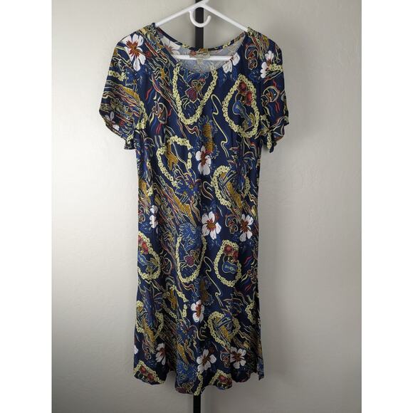 Hilo Hattie short sleeve midi length dress navy blue travel lei plane - Picture 1 of 6